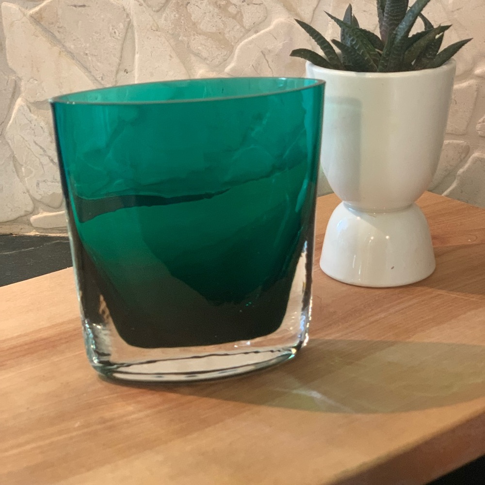 ART GLASS | Oval Blue Green Vase with Clear Base